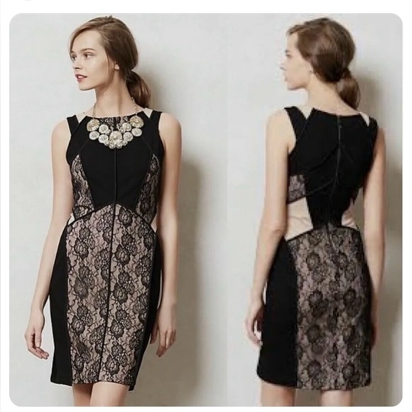 NWT Anthropologie x Maeve black/nude paneled lace bodycon dress, size 10 - Picture 1 of 7